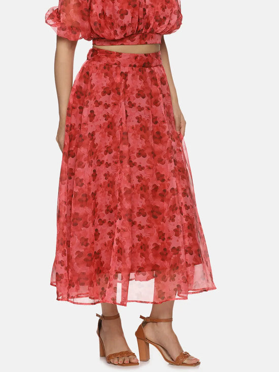 Floral Red Flared Midaxi Skirt