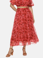 Floral Red Flared Midaxi Skirt