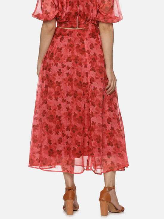 Floral Red Flared Midaxi Skirt