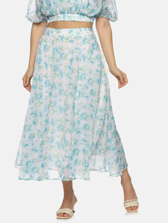 Floral White Flared Midaxi Skirt