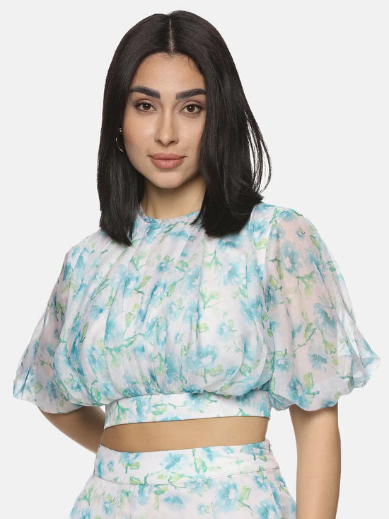 Floral White Puffed Crop Top