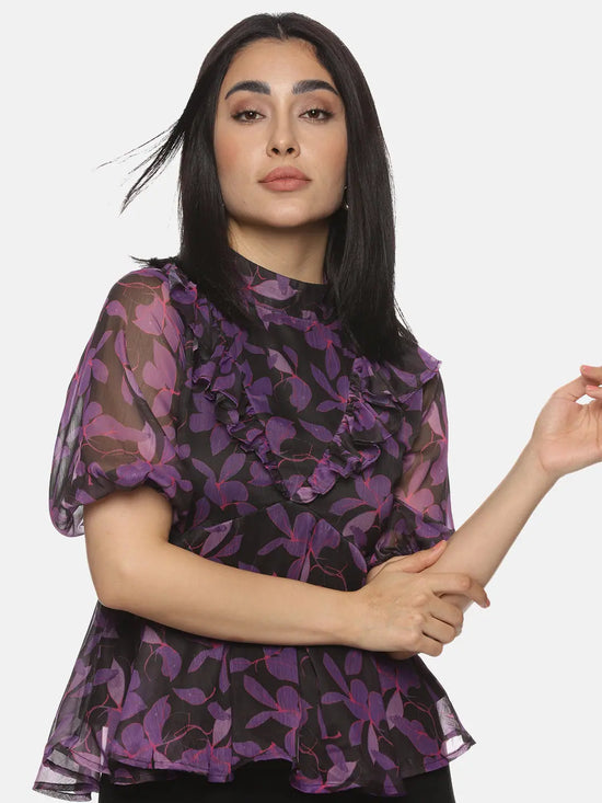 Floral Purple High Neck Peplum Top