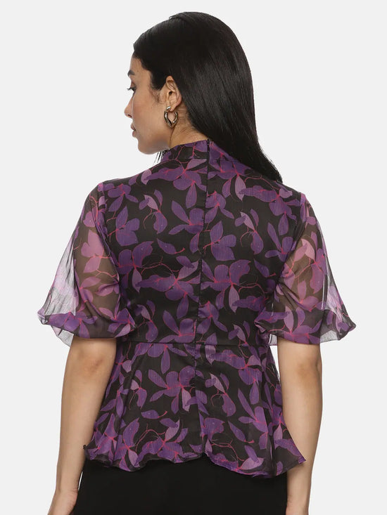 Floral Purple High Neck Peplum Top