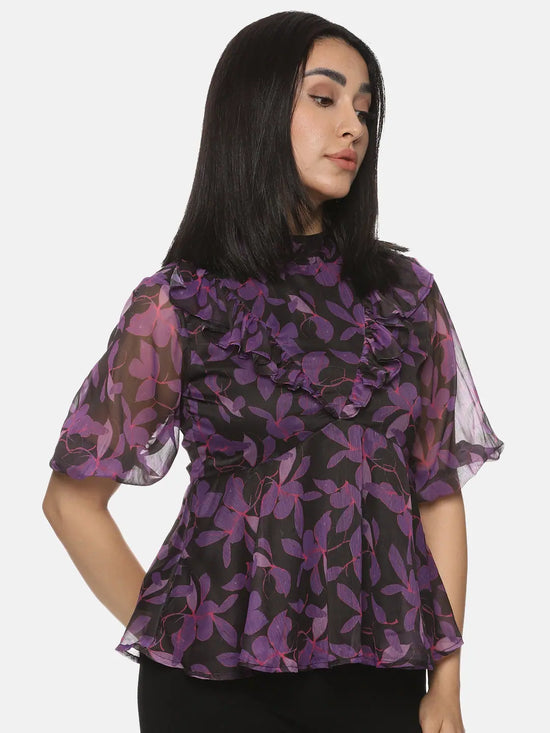 Floral Purple High Neck Peplum Top