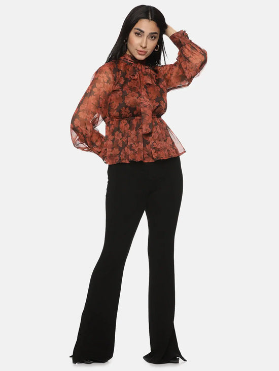 Floral Brown Front Tie Knot Peplum Top-ISUTOPS01915