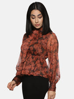 Floral Brown Front Tie Knot Peplum Top-ISUTOPS01915