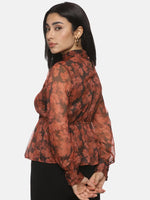 Floral Brown Front Tie Knot Peplum Top-ISUTOPS01915