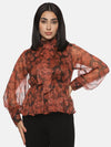 Floral Brown Front Tie Knot Peplum Top-ISUTOPS01915