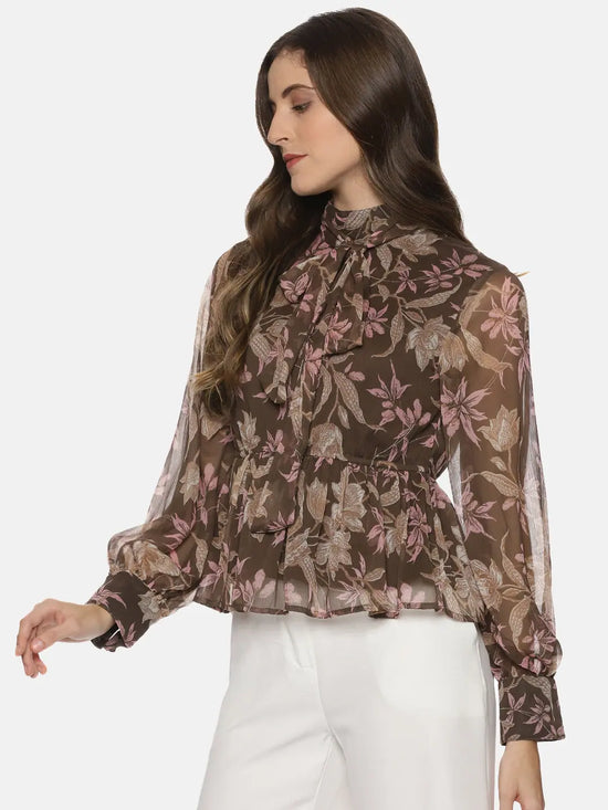 Floral Brown Front Tie Knot Peplum Top-ISUTOPS01923