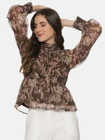 Floral Brown Front Tie Knot Peplum Top-ISUTOPS01923