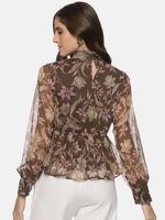 Floral Brown Front Tie Knot Peplum Top-ISUTOPS01923