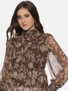 Floral Brown Front Tie Knot Peplum Top-ISUTOPS01923