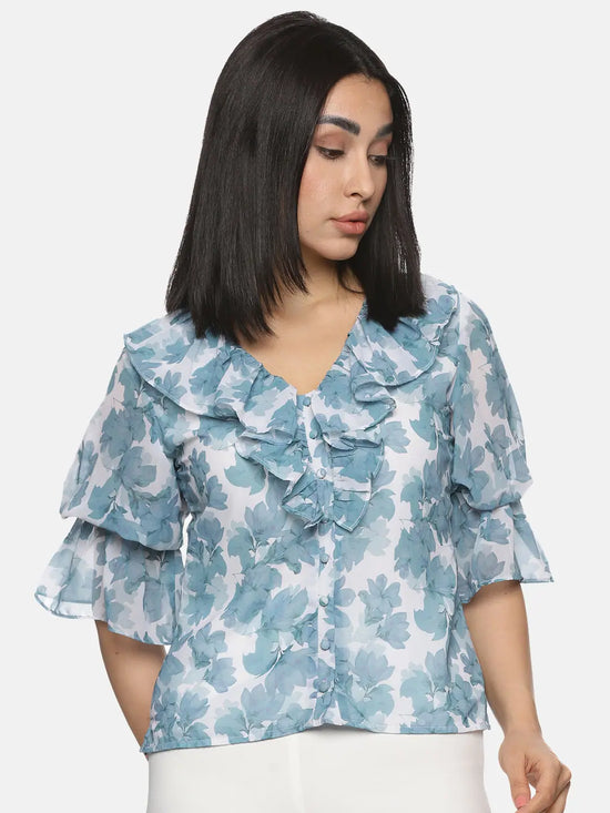 Floral Grey Front Ruffle Top