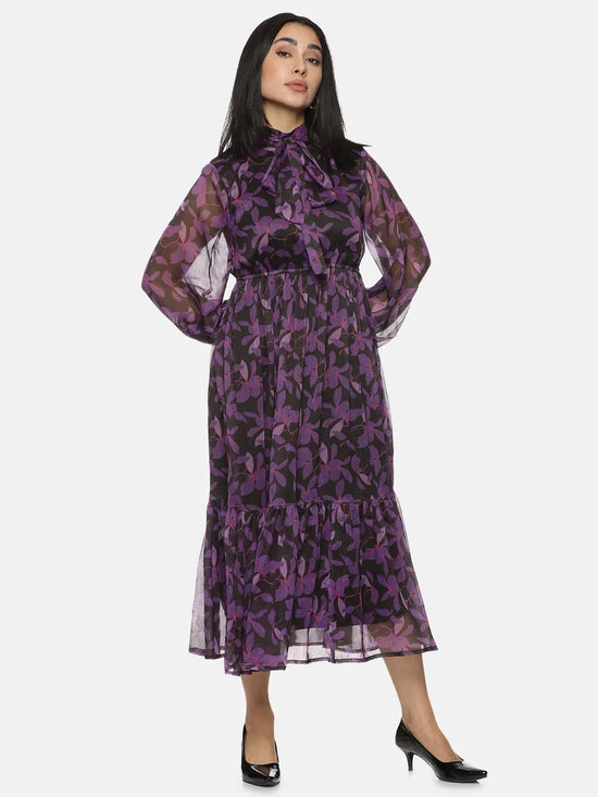 Floral Purple Front Tie Knot Midaxi Dress