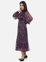 Floral Purple Front Tie Knot Midaxi Dress