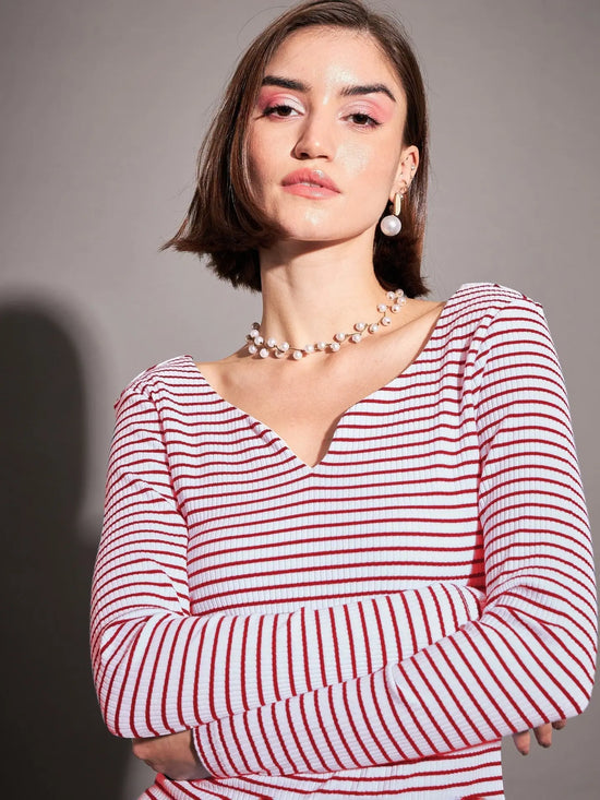 Women Red & White Striped Rib Sweetheart Neck Top