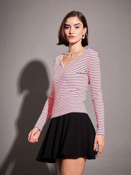 Women Red & White Striped Rib Sweetheart Neck Top