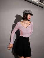 Women Red & White Striped Rib Sweetheart Neck Top