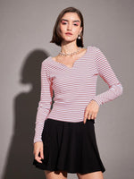 Women Red & White Striped Rib Sweetheart Neck Top