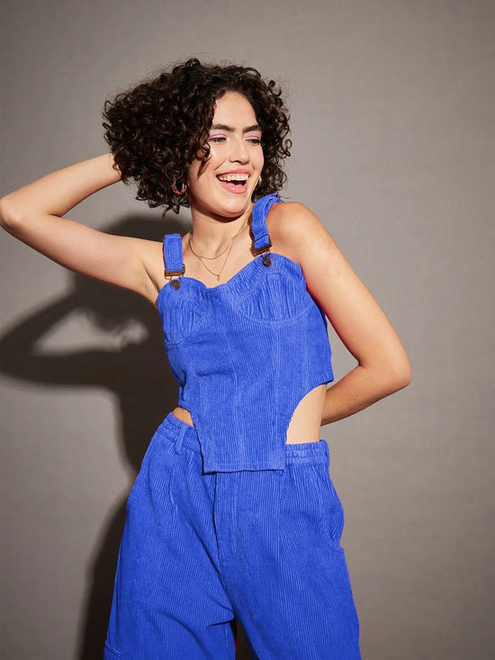 Women Royal Blue Corduroy Bustier Crop Top