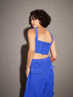 Women Royal Blue Corduroy Bustier Crop Top