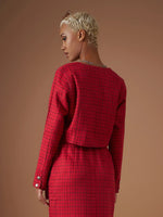 Women Red Check Jacquard Tweed Square Neck Top