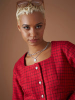 Women Red Check Jacquard Tweed Square Neck Top