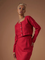 Women Red Check Jacquard Tweed Square Neck Top