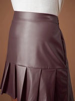 Women Maroon Pu Pleated Mini Skirt