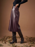 Women Maroon Pu A-Line Below Knee Skirt