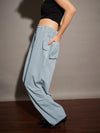 Women Light Blue Twill Pleated Knee Cargo Pants