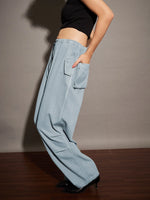 Women Light Blue Twill Pleated Knee Cargo Pants