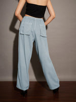 Women Light Blue Twill Pleated Knee Cargo Pants