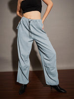 Women Light Blue Twill Pleated Knee Cargo Pants