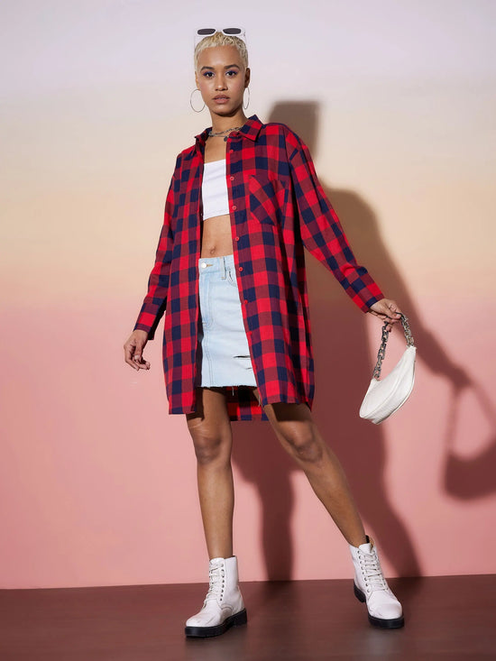 Women Red & Navy Check Lounge Shirt