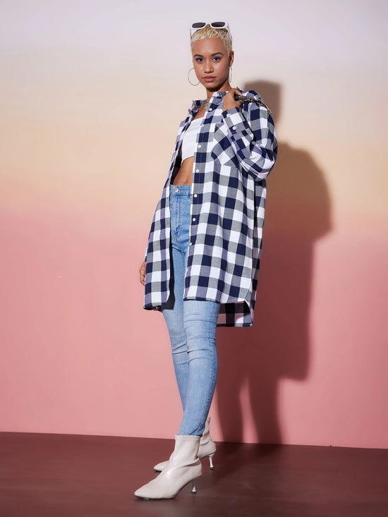 Women White & Navy Check Lounge Shirt