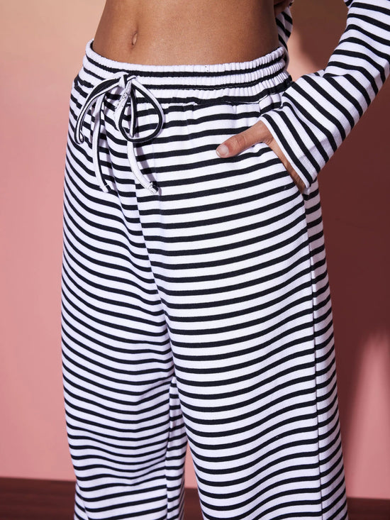 Women Black & White Stripe Top With Lounge Pants