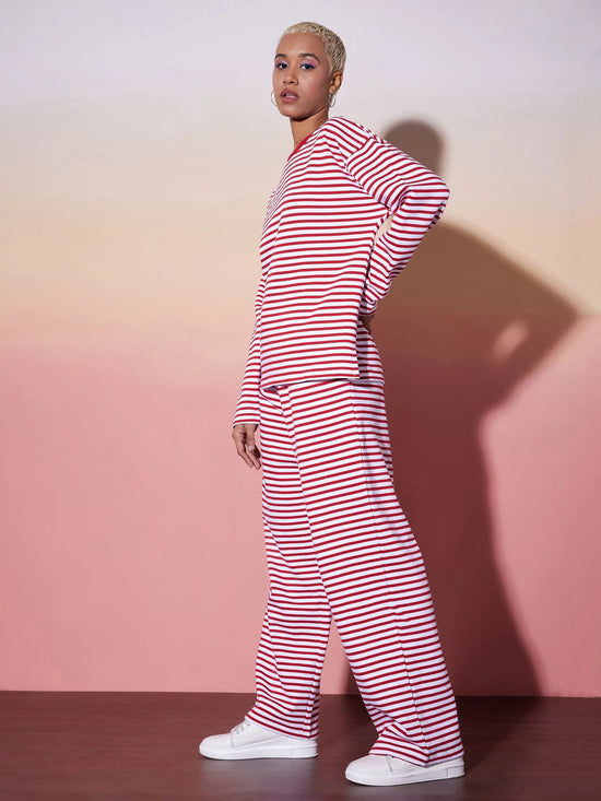 Women Red & White Stripe Top With Lounge Pants