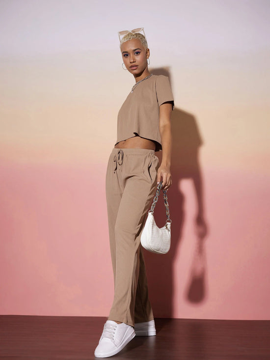 Women Beige Rib Crop Top With Straight Pants