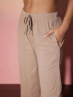 Women Beige Rib Crop Top With Straight Pants