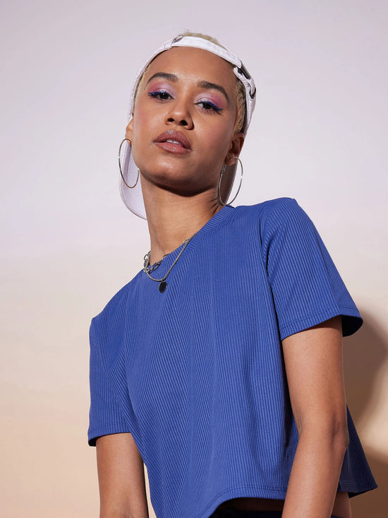 Women Blue Rib Crop Top With Straight Pants