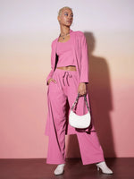 Women Pink Rib Strappy Top With Pants & Shrug