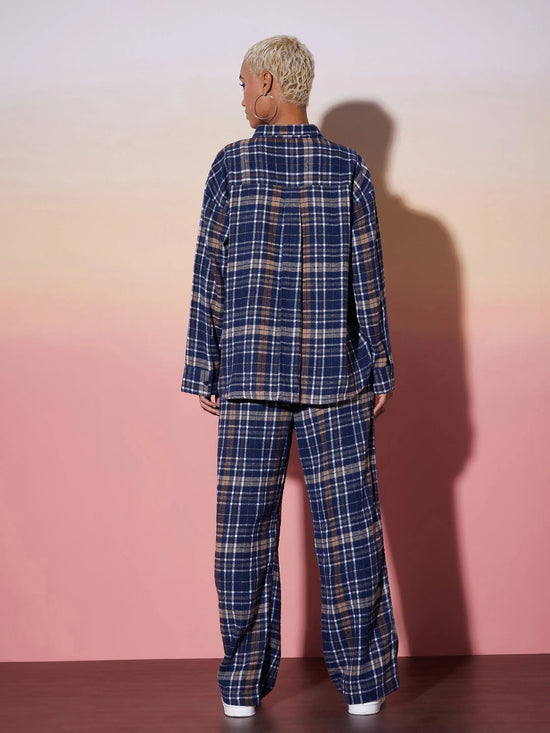 Women Navy & White Check Shirt With Lounge Pants