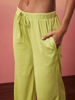 Women Green Rib Strappy Top With Pants & Shrug