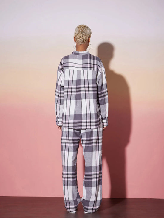 Women White & Grey Check Shirt With Lounge Pants