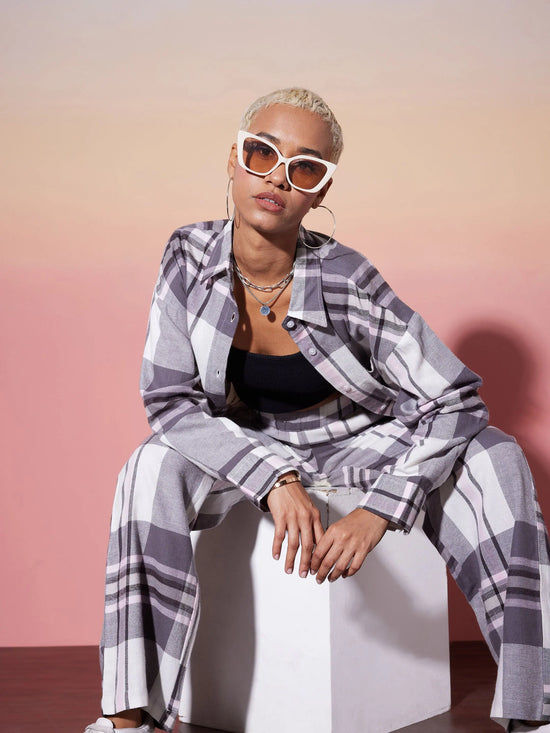 Women White & Grey Check Shirt With Lounge Pants