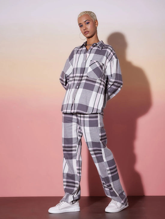 Women White & Grey Check Shirt With Lounge Pants