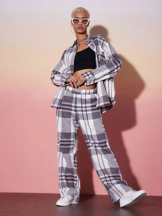 Women White & Grey Check Shirt With Lounge Pants