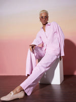 Women White & Pink Striped Shirt With Lounge Pants