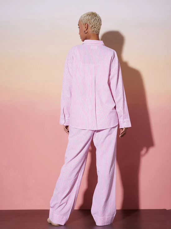 Women White & Pink Striped Shirt With Lounge Pants